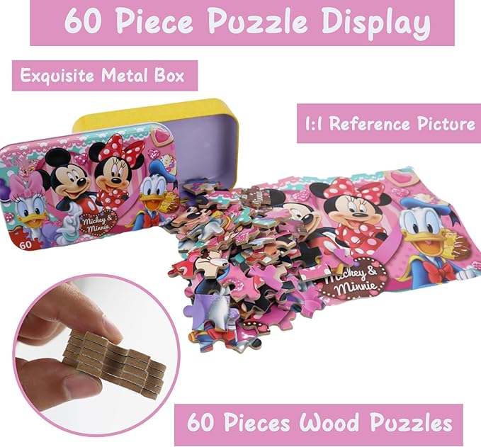 Mickey Mouse Puzzles for Kids Ages 4-8 60 Pieces Puzzles for Kids Ages 3-5 Minnie Mickey Puzzle for Girls and Boys Toys Jigsaw Puzzles in a Metal Box Educational Puzzles (Minnie Mickey 0686)