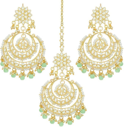 Aheli Bollywood Ethnic Chandbali Style Big Earrings Maang Tikka Set Traditional Fashion Jewelry Gift for Women