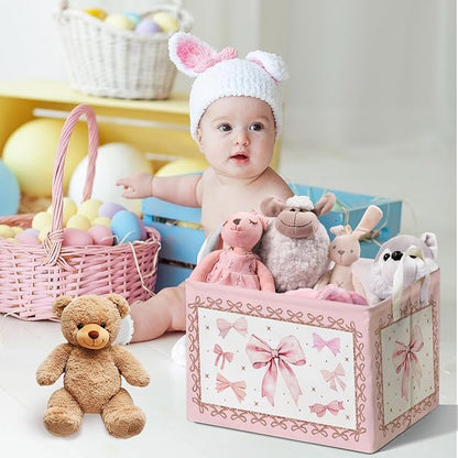 Pink Bow Foldable Storage Box, Waterproof Toy and Clothes Storage Box for Nursery Room, Pink Cute Bow Decorative Fabric Basket for Boys Girls Bedroom, Storage Basket Gifts for Bow Party Decoration
