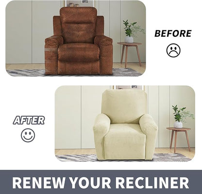 JIVINER Recliner Chair Covers, Jacquard 3 Piece Slipcovers for Recliner Chair Soft Stretch Lazy Boy 1 Seater Reclining Protector with Pockets (Recliner, Beige)
