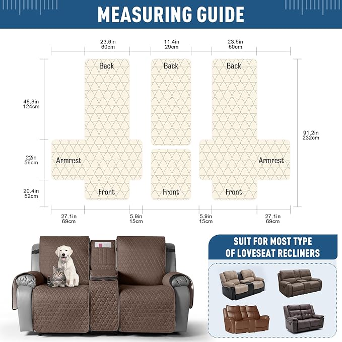 TAOCOCO 100% Waterproof Recliner Cover -Loveseat Recliner Cover with Center Console,Non-Slip Reclining Couch Covers for 2 Seat,with Elastic Straps Pocket for Kids, Dogs, Pets (Brown, 2 Seater XL)