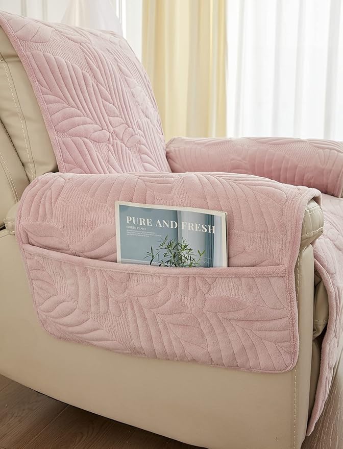 vctops Palm Leaves Velvet Plush Quilted Recliner Chair Cover Anti-Slip Super Soft Furniture Protector with Elastic Straps for Kids, Dogs, Pets, Pink