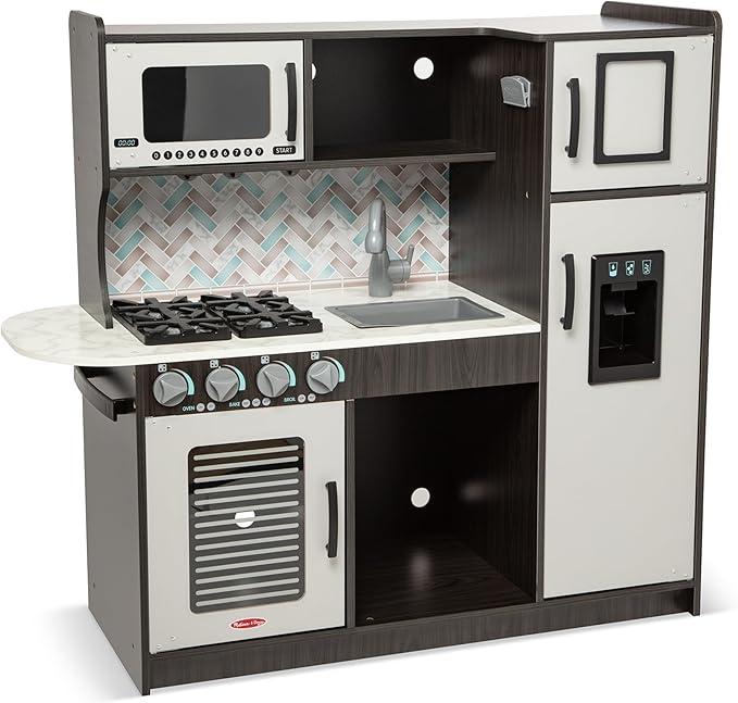 Melissa & Doug Wooden Chef’s Pretend Play Toy Kitchen With “Ice” Cube Dispenser – Charcoal Gray - Kitchen Play Set For Toddlers And Kids Ages 3+
