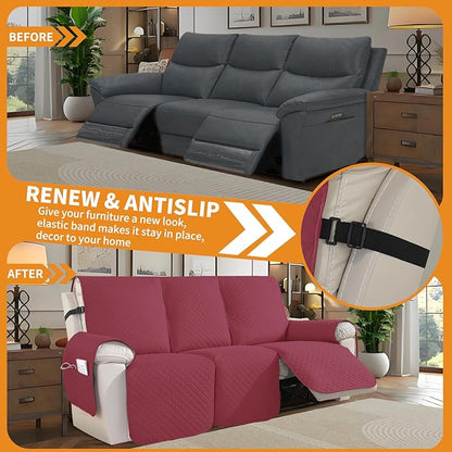 XINEAGE Water Resistant Recliner Cover, 3 seat Recliner Sofa Covers with Pockets, Quilted Thick Recliner Protector Cover for Dog Pets with Non Slip Backing and Strap (Recliner Sofa, Red)
