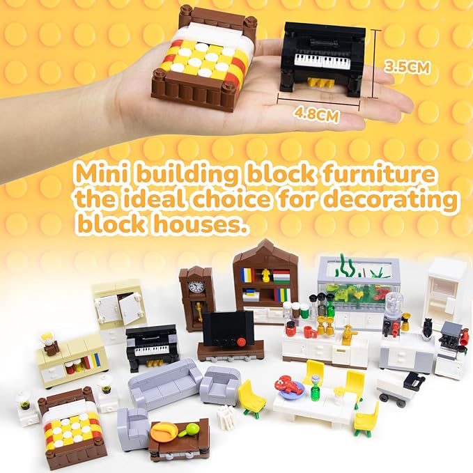 Building Block Furniture, Includes Items Such as a Bed, TV, Bookshelf, Kitchen cabinets, It Serves as Furniture for Decorating Lego City Mansion Houses and is Compatible with Major Brands Bricks