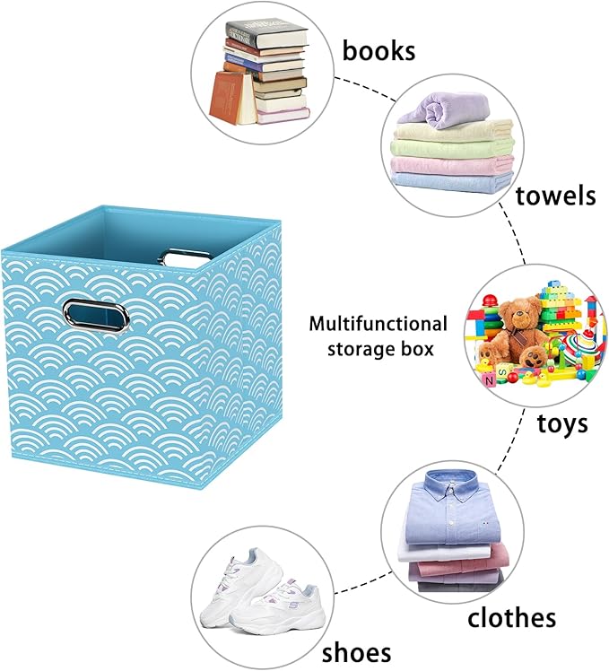 Fabric storage bins Cubes, Fabric Cube Organizer with Handle, Foldable Cube Bins for Cloth or Accessary Storage, 11x11x11, Set of 3, (Blue clouds)