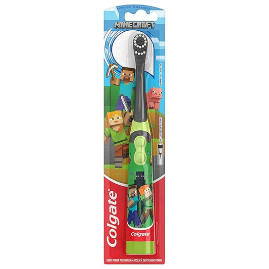 Colgate Kids Battery Powered Minecraft Toothbrush, Extra Soft Kids Battery Toothbrush with 1 AA Battery Included, Made for Ages 3 and Up, Features Easy On and Off Switch, Flat Lay Handle, 1 Count