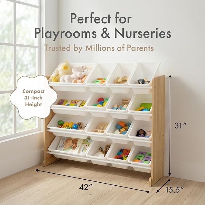 Humble Crew Toy Storage Organizer with 16 Removable Storage Bins for Kids Playroom, 4-Tier Toddler Toy Organization and Storage, Natural Wood/White