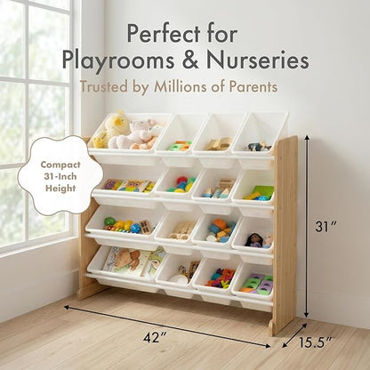 Humble Crew Toy Storage Organizer with 16 Removable Storage Bins for Kids Playroom, 4-Tier Toddler Toy Organization and Storage, Natural Wood/White