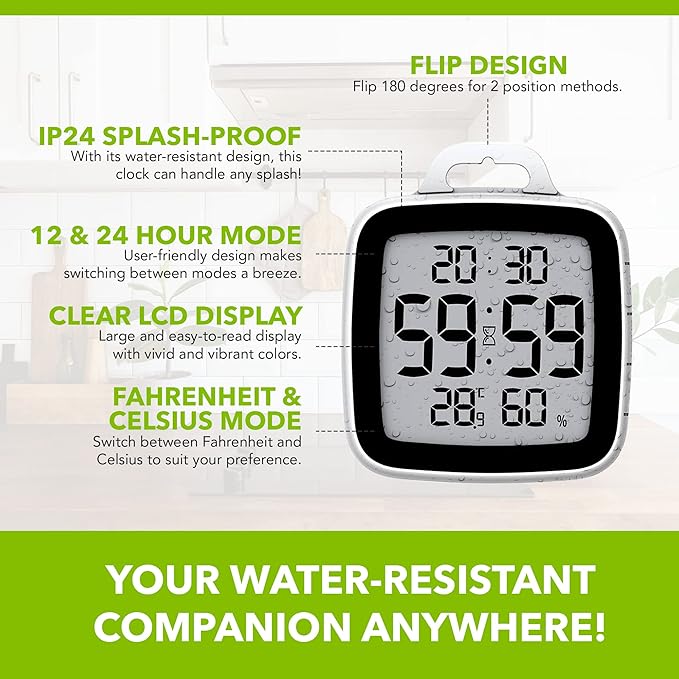 BALDR Digital Bathroom Clock with Timer - Waterproof Shower Clock with Time and Temperature - Waterproof Shower Timer for Kids and Adults - Bathroom Timer, Digital Shower Clocks for Bathroom (Black)