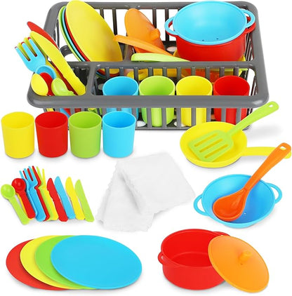 Kids Play Dishes with Drainer - 27PC Tableware & Pretend Kitchen Accessories, Plastic Play Set - Durable and Colourful for Children Ages 3+