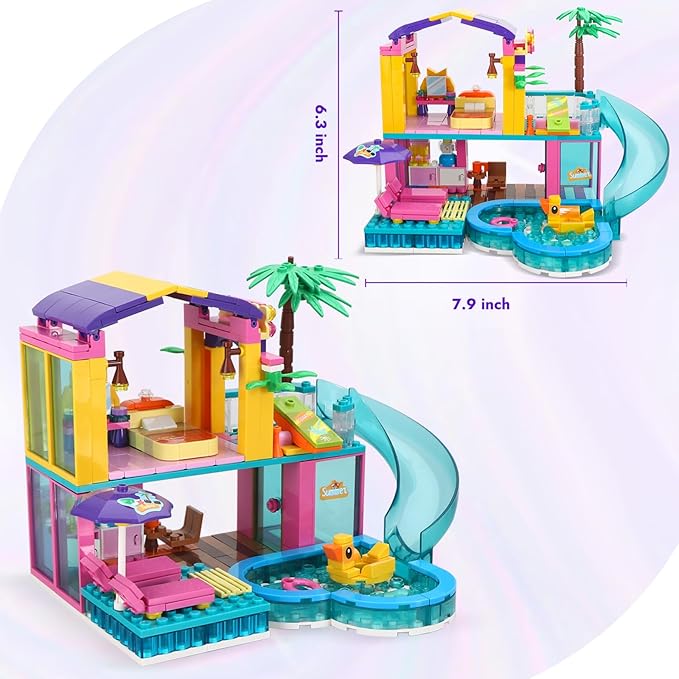 Dream Girls Friends Beach House Building Set 380 PCS Seaside Beach Villa Swimming Pool House with Slide Building Toys Summer Vacation Party Room Dream House Building Kits Gifts for Kids Girls 6-8-12