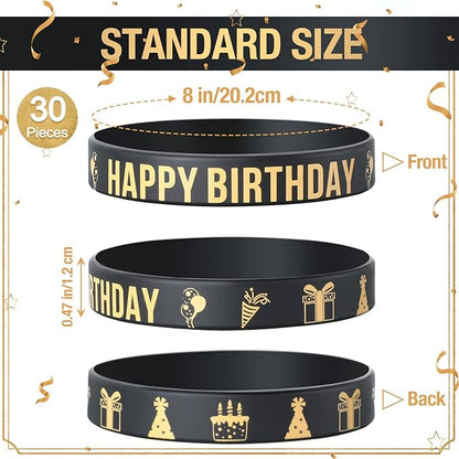 Junkin 30 Pieces Birthday Party Rubber Bracelets Silicone Stretch Wristbands Letters Patterns Printed Party Supplies Inspirational Quote Silicone Bracelets for Men and Women (Birthday Style)