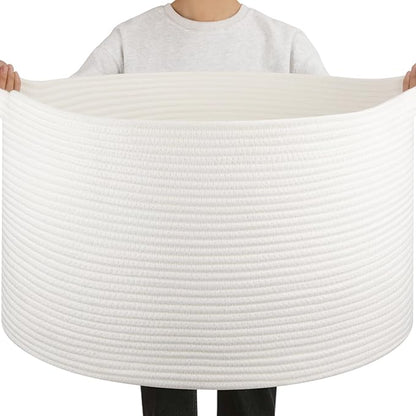 OIAHOMY 90L Blanket Basket for Living Room, Large Basket 23" x 23" x 13" with Handle, Laundry Hamper for Blankets, Pillows, Toy Storage for Kids, Dogs - White