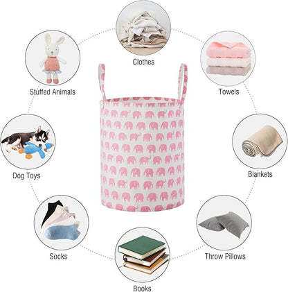 TECHMILLY Large Storage Basket for Girls and Boys, Collapsible Laundry Hamper with Long Handles, Toy Bins for Nursery, Kids Room Décor (Pink Elephant, 2 Pack)