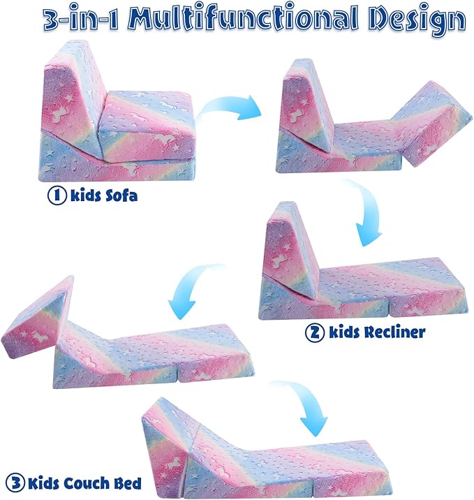 MeMoreCool Toddler Couch Fold Out Sofa Bed, Kids Lounge Chair Foldable Floor Lounger, 3-in-1 Folding Children Chair Bed, Pull Out Recliner for Toddlers 1-6, Unicorn