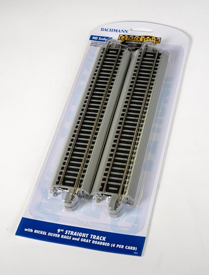Bachmann Trains - Snap-Fit E-Z Track 9” Straight Track (4/card) - Nickel Silver Rail With Gray Roadbed - HO Scale, 8
