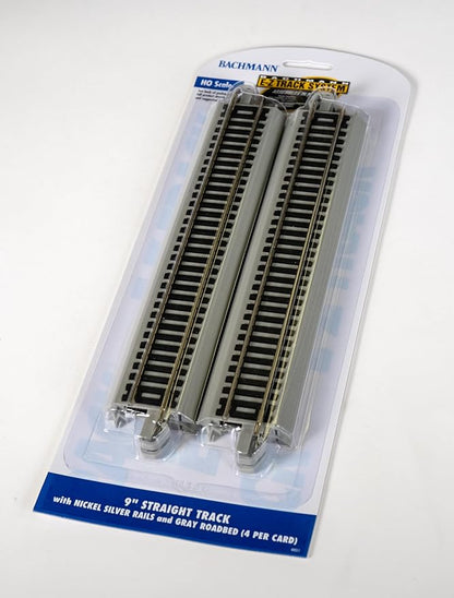 Bachmann Trains - Snap-Fit E-Z Track 9” Straight Track (4/card) - Nickel Silver Rail With Gray Roadbed - HO Scale, 8