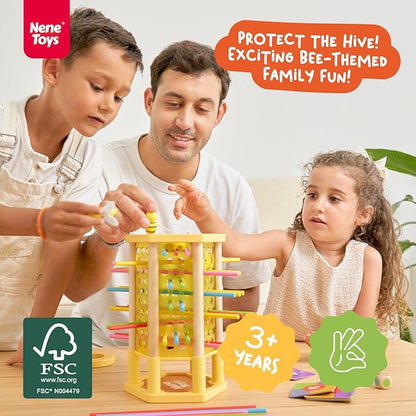 Nene Toys BeeFall, 4-in-1 Wooden Honey Bee Toy for Kids Ages 3-9 - Educational Game with Wooden Honeybee Hive, 12 Bees, Colorful Sticks, Dice & Cards - Fun Family Game for Cognitive Development