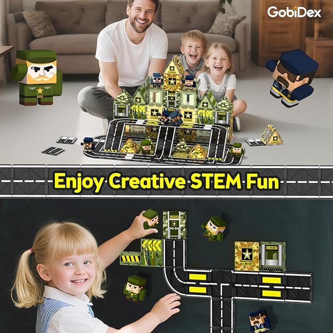 GobiDex 100PCS Army Magnetic Tiles Building Set for Kids, STEM Military Magnetic Building Blocks with 6 Magnetic Army Men, Educational Construction Toys Gift for Boys Girls 3 4 5 6 7 8 9+ Year Old