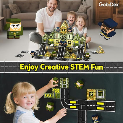 GobiDex 100PCS Army Magnetic Tiles Building Set for Kids, STEM Military Magnetic Building Blocks with 6 Magnetic Army Men, Educational Construction Toys Gift for Boys Girls 3 4 5 6 7 8 9+ Year Old