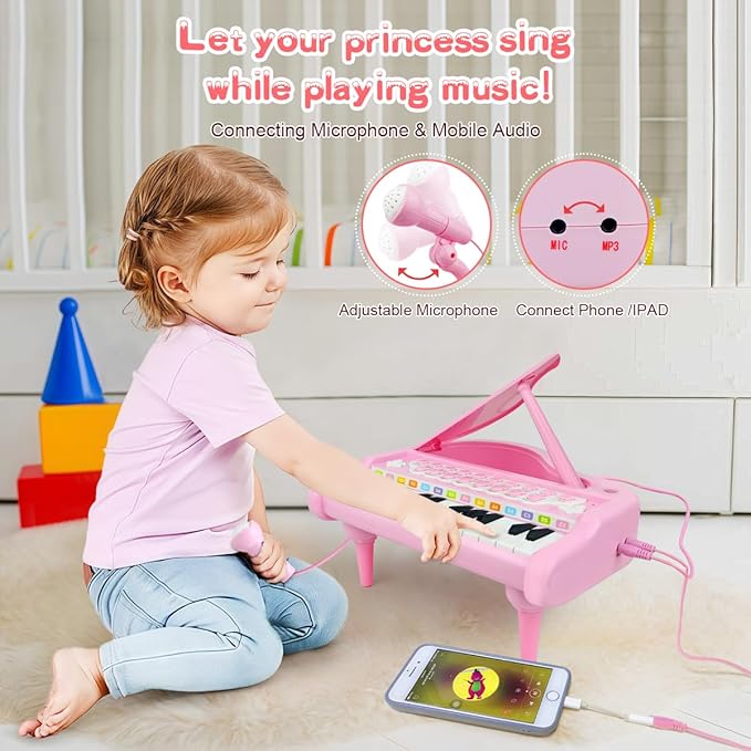 Love&Mini Pink Piano Toys for 1+Years Old Girls First Birthday Gifts Toddler Piano Music Toy Instruments with 24 Keys and Microphone