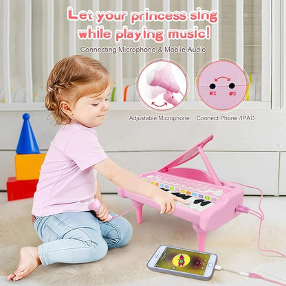 Love&Mini Pink Piano Toys for 1+Years Old Girls First Birthday Gifts Toddler Piano Music Toy Instruments with 24 Keys and Microphone