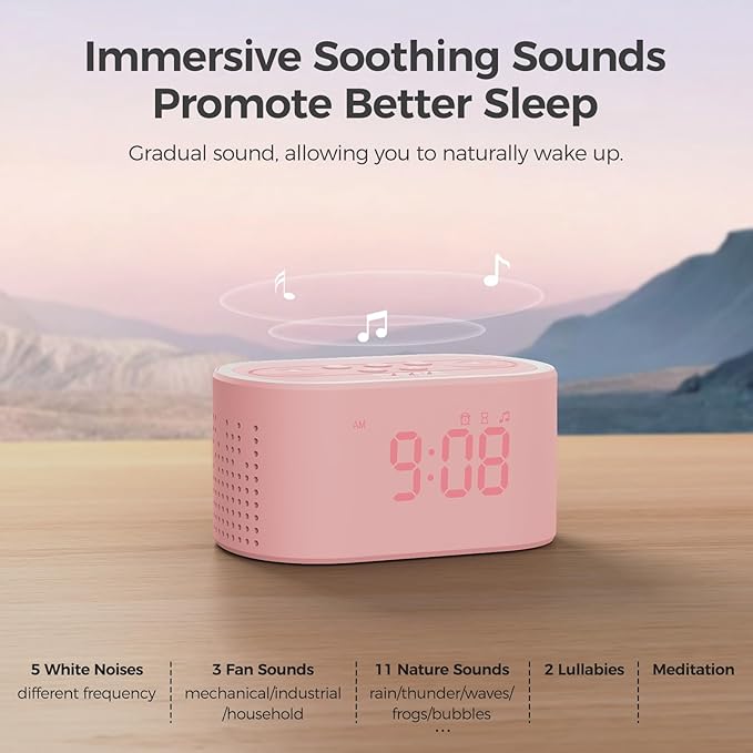 Reacher Pink Alarm Clock & Sound Machine for Girls Room, 21 Soothing Sounds, 7 Wake Up Sounds, 8 Night Lights, 32-Level Volume, Auto-Off Timer, Memory Function, Aesthetic Clock for Bedroom, Home