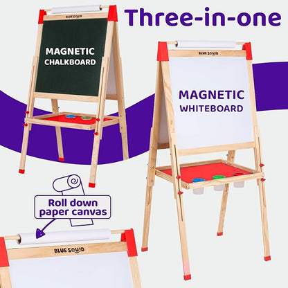 Blue Squid Art Easel for Kids - Dual-Sided Adjustable Wooden Painting Easels, Ideal Christmas Gift for Toddlers and Kid - with Magnetic Chalk Board, White Board & Paper Roll, Includes Accessories