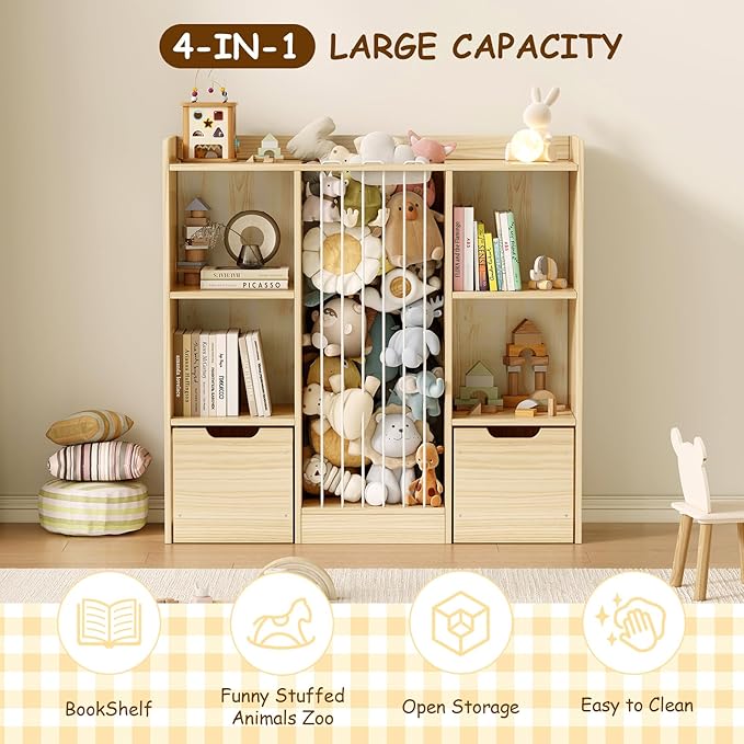 Toy Storage Organizer with Stuffed Animal Storage, Solid Pine Wooden Toy Organizer & Stuffed Animal Zoo, 4 Cubes Shelf with 2 Movable Drawers, 4 -in-1 Book Shelf for Kids Room, Playroom, Nursery