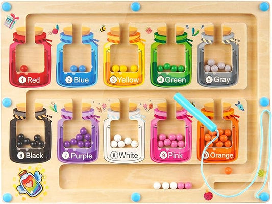 Magnetic Color and Number Maze, Wooden Color Matching Learning Counting Magnet Puzzle Board Montessori Toys, Toddler Educational Fine Motor Skills Learning Toys for Boys Girls 3+ Years Old