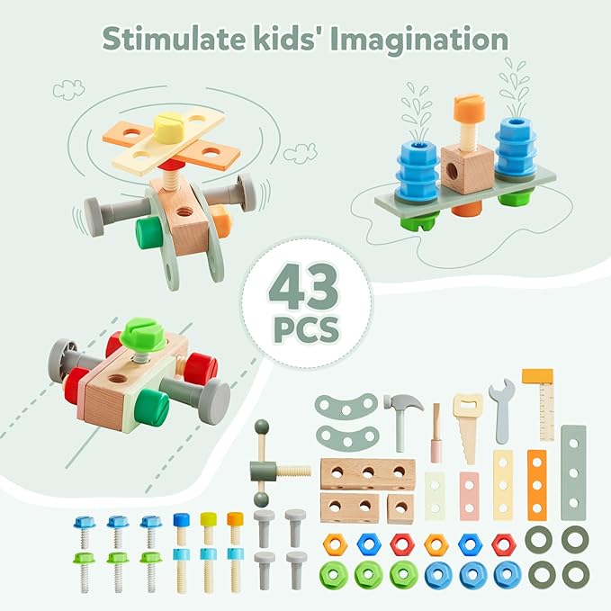 Beright Wooden Baby Push Walker, Wooden Baby Walker and Tool Toy for Toddlers, Kids Tool Bench, Baby Activity Center, Toddler Montessori Educational Toys, Green