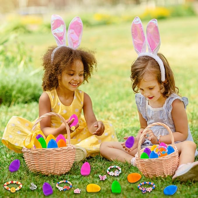 12 Pack Prefilled Easter Eggs with 24pcs Bracelets Rings Easter Basket Stuffers Easter Egg Fillers for Girls Party Favors Kids Toddler Easter Gifts