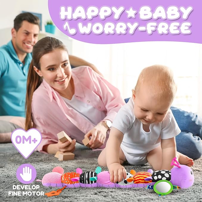 AWOTOY Baby Toys 0-6-12 Months,Musical Caterpillar Stuffed Animals Activity Infant Toys with Crinkle,Rattles,Mirror&Pull String,Muti-Sensory Toys Gifts for Newborn Tummy Time,Taro Purple|Leafy