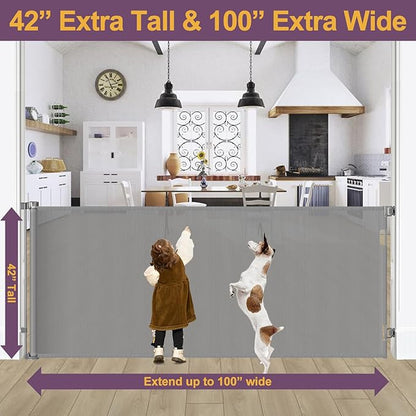 42" Tall X 100" Extra Wide Retractable Gates for Large Openings Extra Tall Dog Gates for Doorway Tall Retractable Baby Gate Tall Mesh Gates for Kids and Pets Large Dog Gate for Indoor/Outdoor, Gray