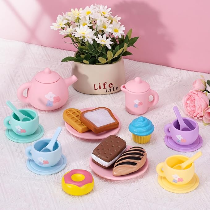 Silicone Tea Party Set for Little Girls,PRE-WORLD 25PCS Toys Toddler Tea Set with Play Food Dessert Cookies,Doughnut,Cake,Carrying Bag,Kids Kitchen Pretend Role Gifts for Girls Boys Age 3 4 5 6