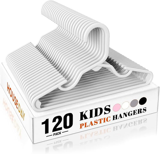 HOUSE DAY Kids Plastic Hangers for Closet, Childrens Hangers for Clothes & Baby Hangers, Toddler, and Child Clothes - Clothing, Pants, Coats, and More - Ideal for Everyday Use (White, 120 Pack)