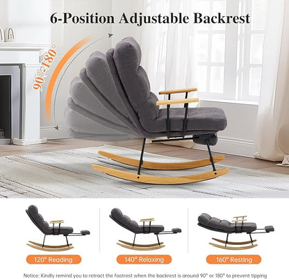 Rocking Chair with Footrest-Glider Rocker Chair with Retractable Footrest and Adjustable Backrest, Teddy Upholstered Rocking Chair, Modern Accent Chair for Living Room/Nursery/Bedroom/Outdoor-Grey