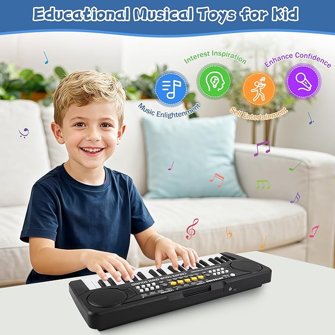 Kids Toddler Toy Piano Keyboard - 37 Key Pianos for Kid Music Toys Instruments with Microphone | Unlock Musical Fun, Perfect Birthday for 3-8 Year Old (Black)
