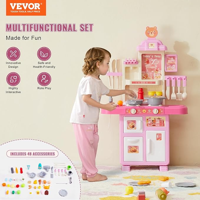 VEVOR Kids Kitchen Playset, Toddler Kitchen with Cooking Stove with Steam, Sounds and Lights, Play Kitchen Set with 48 PCS Cooking Accessory Set for Toddlers, Preschoolers, Children Ages 3-5, Pink