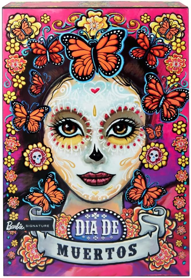 Barbie Signature Fashion Doll, 2023 Dia de Muertos Collectible Wearing Ruffled Pink Gown & Holding Tiny Ofrenda, Includes Doll Stand