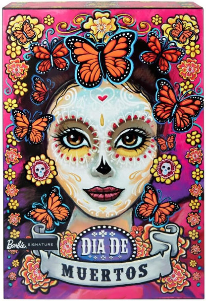 Barbie Signature Fashion Doll, 2023 Dia de Muertos Collectible Wearing Ruffled Pink Gown & Holding Tiny Ofrenda, Includes Doll Stand
