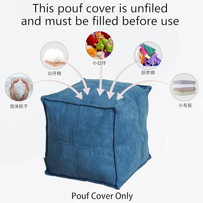 Louis Donné Unstuffed Pouf Ottoman, Square Supersoft Pouf Cover with Storage Solution, Foot Stool for Living Room, Home Decor, Christmas Decoration, 17x17 - Blue (Only Cover)