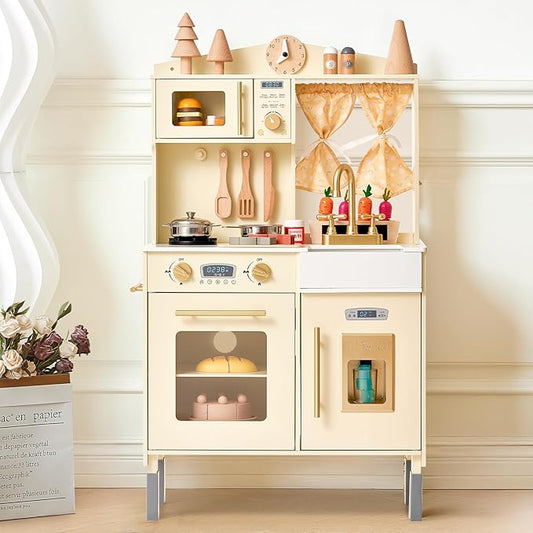 Giant bean Wooden Play Kitchen, Toddler Kitchen Playset, with Microwave Play Sink Ice Maker Oven Cookware Accessories Playset, Pretend Play Food Toys for 3+ Year Old Boys Girls