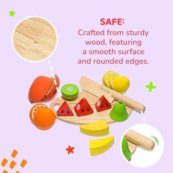 Bimi Boo Wooden Cutting Fruit Set Toy - Play Food Kitchen Accessory, Pretend Play for Toddlers (6 Fruits, Knife, Cutting Board, and Storage Tray)