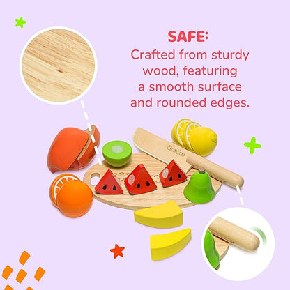 Bimi Boo Wooden Cutting Fruit Set Toy - Play Food Kitchen Accessory, Pretend Play for Toddlers (6 Fruits, Knife, Cutting Board, and Storage Tray)