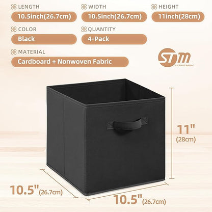 STORAGE MANIAC Storage Cubes, 11 Inch Collapsible Storage Bins with Handles, 4 Pack Fabric Foldable Bins for Organization, Durable Storage Bins for Closet, Shelves, Offices, Toys, 4-Pack Black