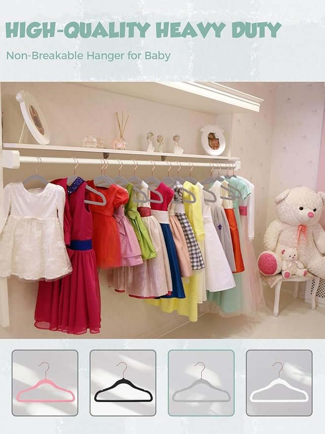 Smartor Kids Velvet Hangers 50 Pack, 14'' Inch Premium Non Slip Kids Felt Hangers for Closet, Space Saving Toddler Clothes Hanger for Youth's Childrens' Clothes (Rose Gold Hook)- Grey