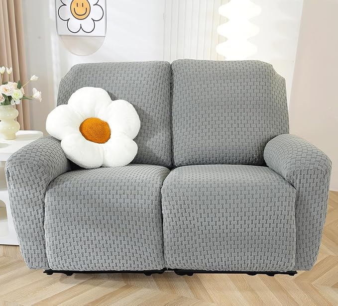 vctops 6 Pieces Jacquard Plush Recliner Loveseat Slipcover Stretch Soft Sofa Couch Cover Anti-Slip Solid Color Furniture Protector with Elastic Bottom for Kids Cats Dogs(Dark Grey,2 Seat)