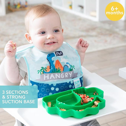 Bumkins Toddler and Baby Suction Plate, Silicone Divided Grip Dish, Babies and Kids, Baby Led Weaning, Children Feeding Supplies, Non Skid Sticky Bottom, Platinum Silicone, Ages 6 Months Up, Dinosaur